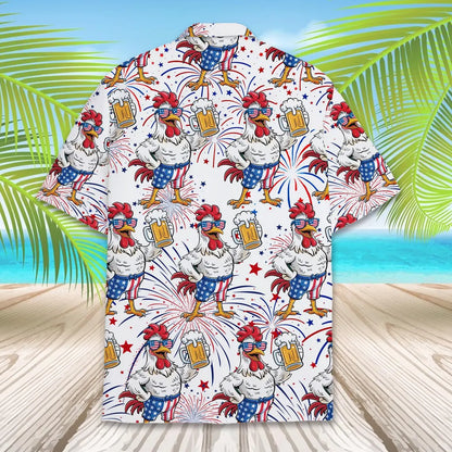 Patriotic Rooster & Beer Hawaiian Shirt For Men Women, Patriotic Button-Down Shirt Short Sleeve, Happy 4th of July, Independence day Outfit