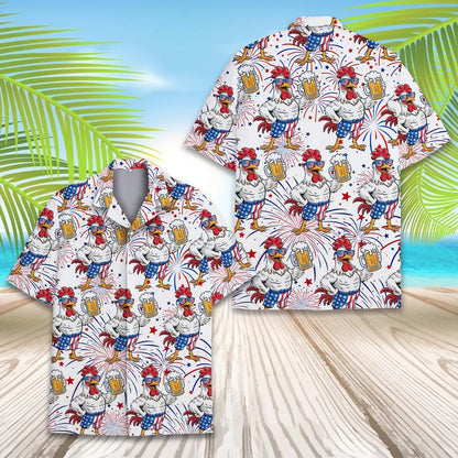 Patriotic Rooster & Beer Hawaiian Shirt For Men Women, Patriotic Button-Down Shirt Short Sleeve, Happy 4th of July, Independence day Outfit