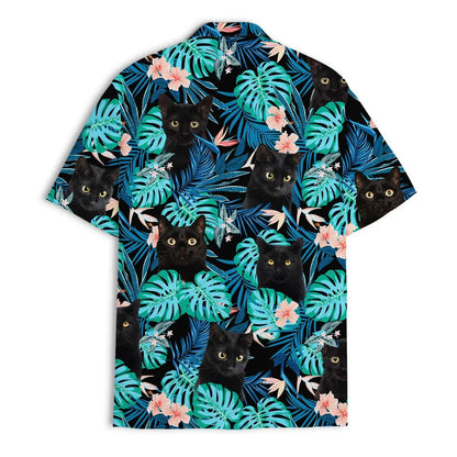Custom Photo Tropical Black Cat Hawaiian Shirt, Funny Floral Aloha Shirt