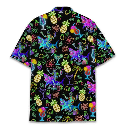 Neon Skeleton Riding Shark Hawaiian Shirt For Men, Cocktail Retro 80s Button-Up