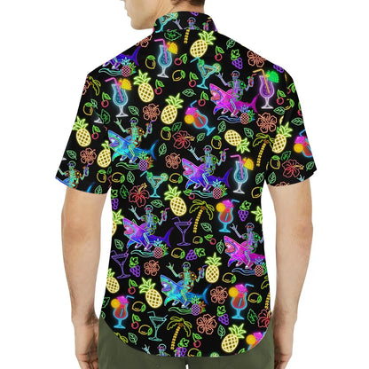 Neon Skeleton Riding Shark Hawaiian Shirt For Men, Cocktail Retro 80s Button-Up