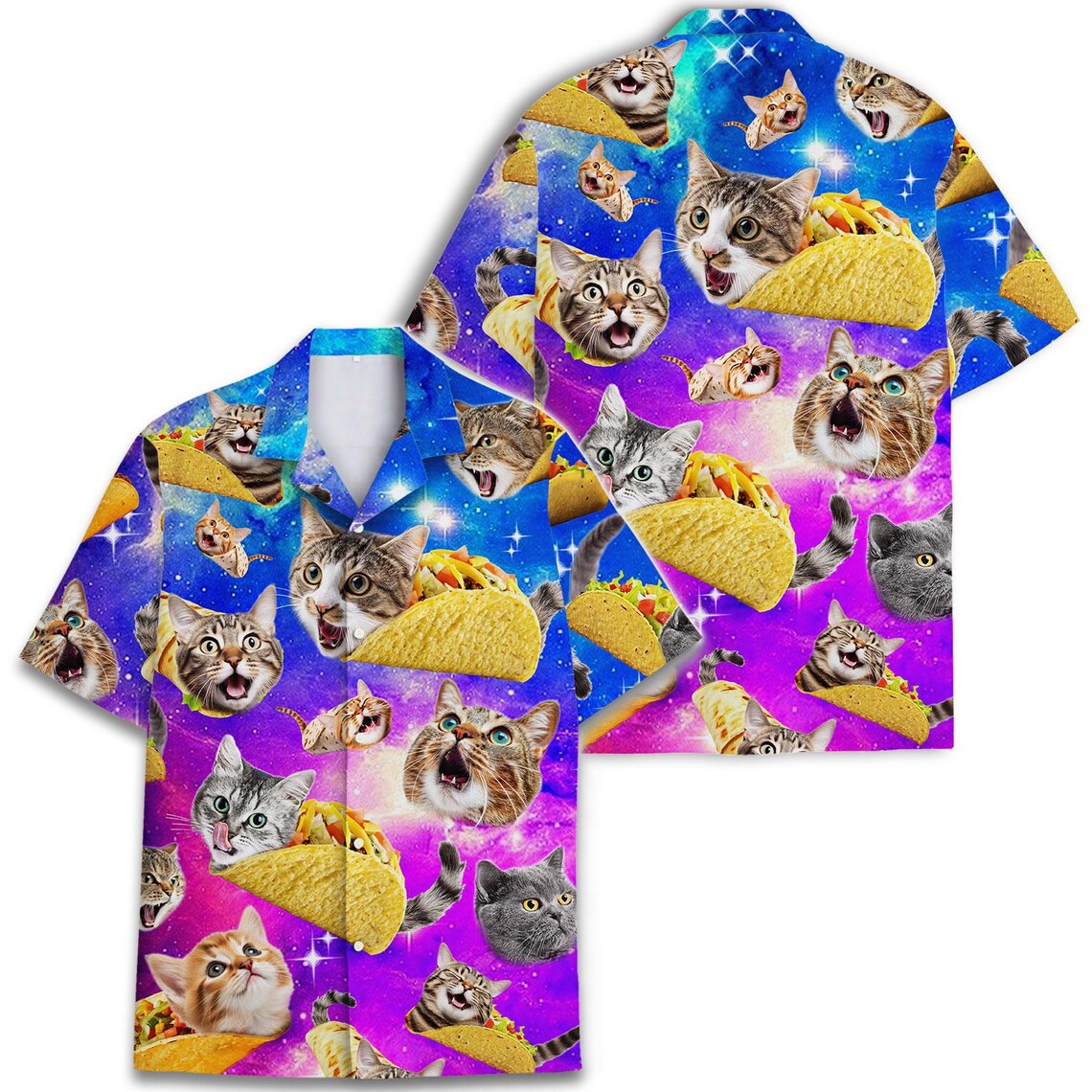 Custom Photo Galaxy Cat Taco Hawaiian Shirt, Funny Space Button Down