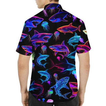 Neon Shark Hawaiian Shirt For Men Women Youth, Shark Aloha Shirt Short Sleeve Button Down