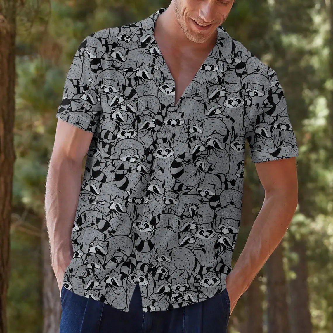 Funny Raccoon Hawaiian Shirt, Tropical Button Down, Summer Beach Shirt