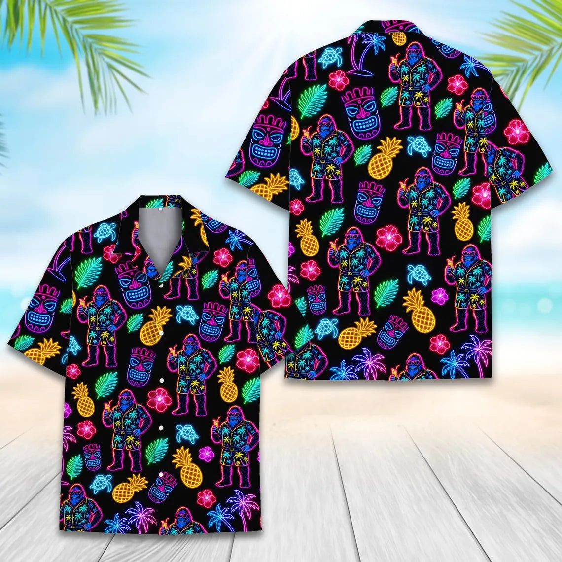 Neon Bigfoot & Tiki Hawaiian Shirt For Men Women, Funny Sasquatch Shirt Summer Beach Button Down