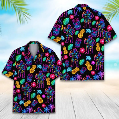 Neon Bigfoot & Tiki Hawaiian Shirt For Men Women, Funny Sasquatch Shirt Summer Beach Button Down