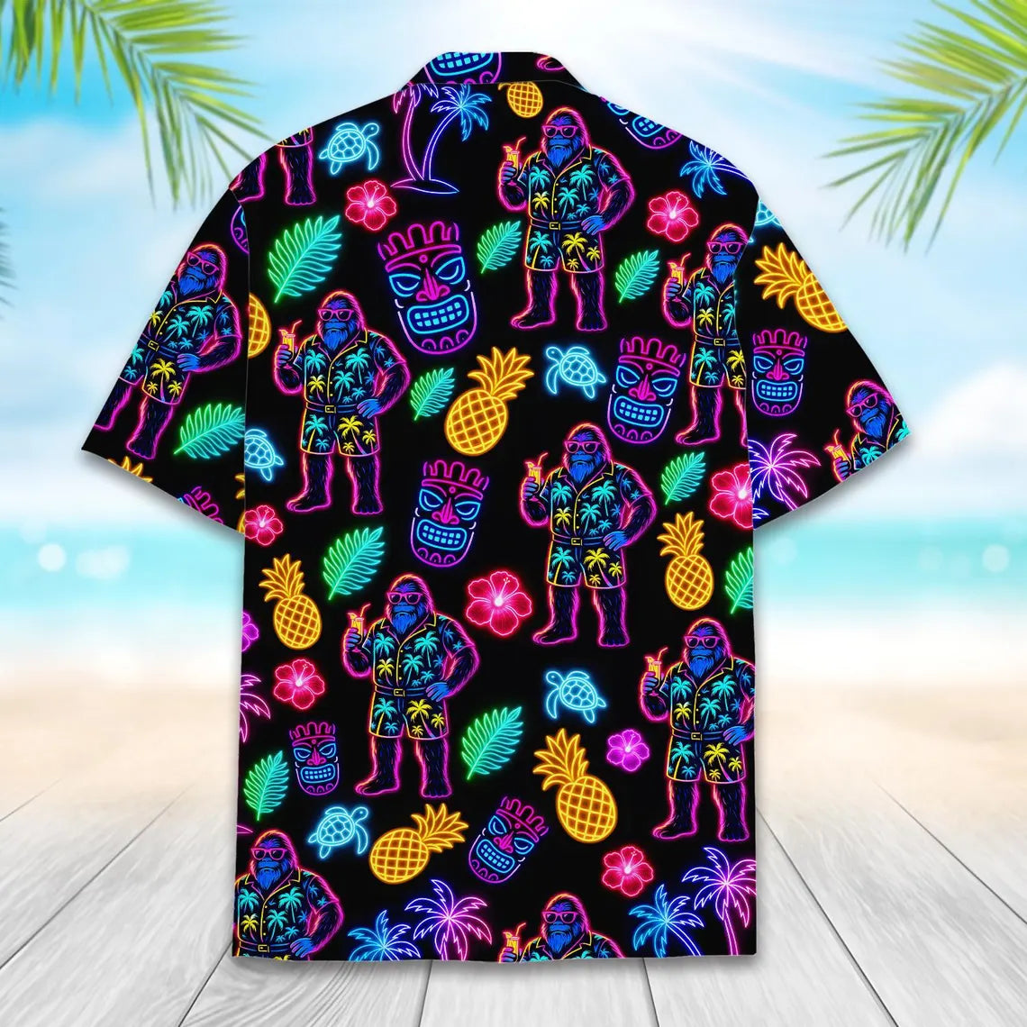 Neon Bigfoot & Tiki Hawaiian Shirt For Men Women, Funny Sasquatch Shirt Summer Beach Button Down