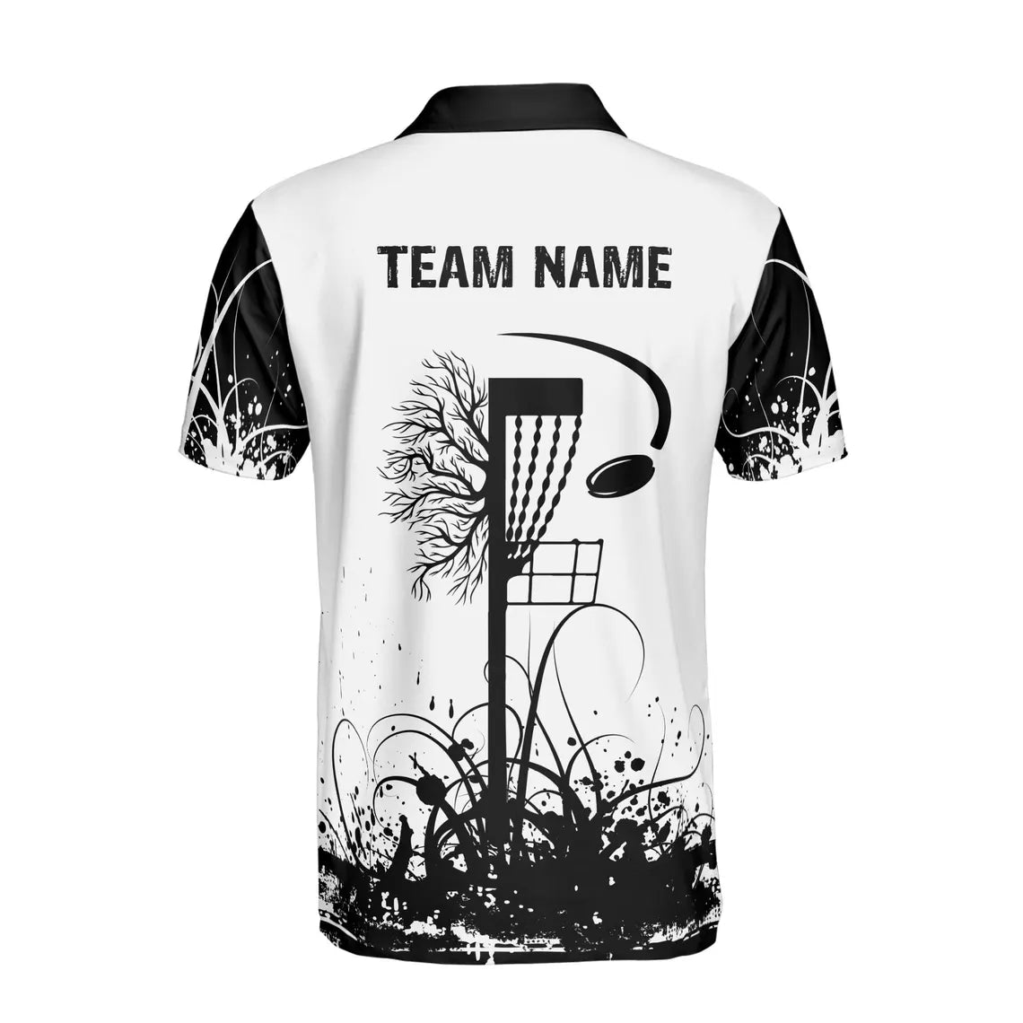 Custom Name Team Disc Golf Black White Tree Roots Men's Polo Shirt