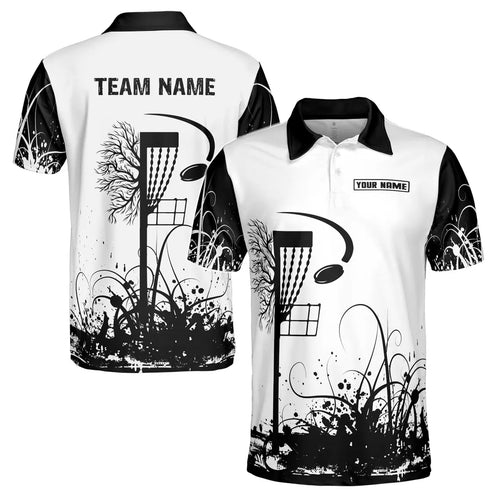 Custom Name Team Disc Golf Black White Tree Roots Men's Polo Shirt