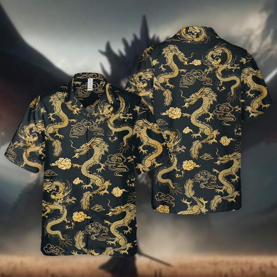 Dragon Hawaiian Shirt: Black & Gold Tropical Aloha Shirt