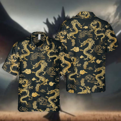 Dragon Hawaiian Shirt: Black & Gold Tropical Aloha Shirt