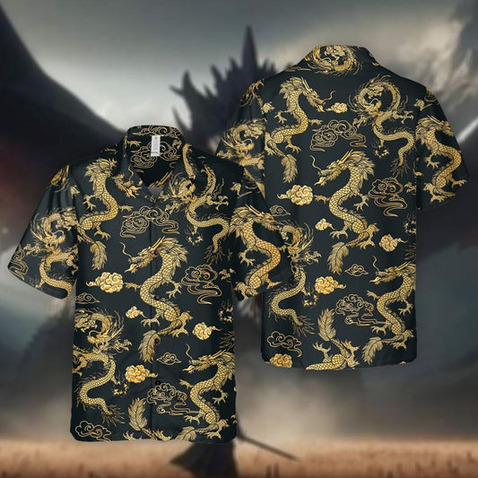 Dragon Hawaiian Shirt: Black & Gold Tropical Aloha Shirt