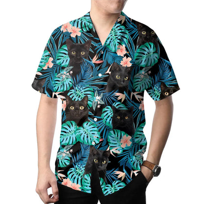 Custom Photo Tropical Black Cat Hawaiian Shirt, Funny Floral Aloha Shirt
