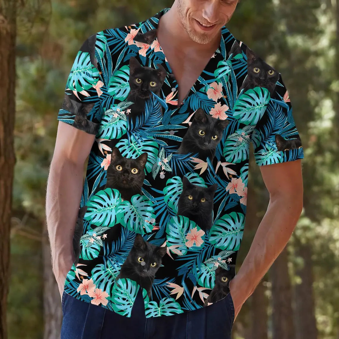 Custom Photo Tropical Black Cat Hawaiian Shirt, Funny Floral Aloha Shirt