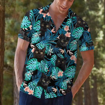 Custom Photo Tropical Black Cat Hawaiian Shirt, Funny Floral Aloha Shirt