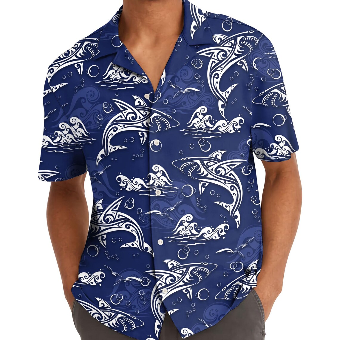 Shark Hawaiian Shirt: Retro Surfing Print, Blue Ocean Tropical Shirt