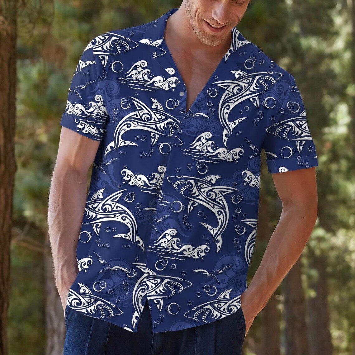 Shark Hawaiian Shirt: Retro Surfing Print, Blue Ocean Tropical Shirt