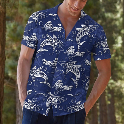 Shark Hawaiian Shirt: Retro Surfing Print, Blue Ocean Tropical Shirt
