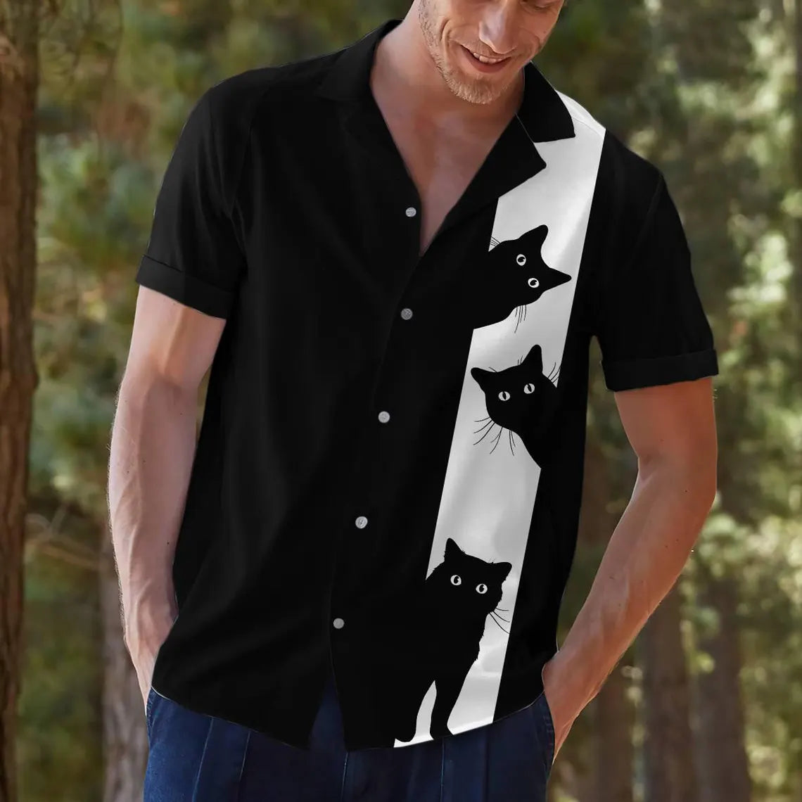 Black Cat Hawaiian Shirt: Funny Cat Button Down Short Sleeve