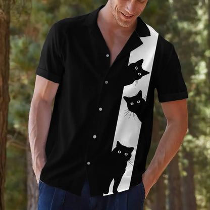 Black Cat Hawaiian Shirt: Funny Cat Button Down Short Sleeve