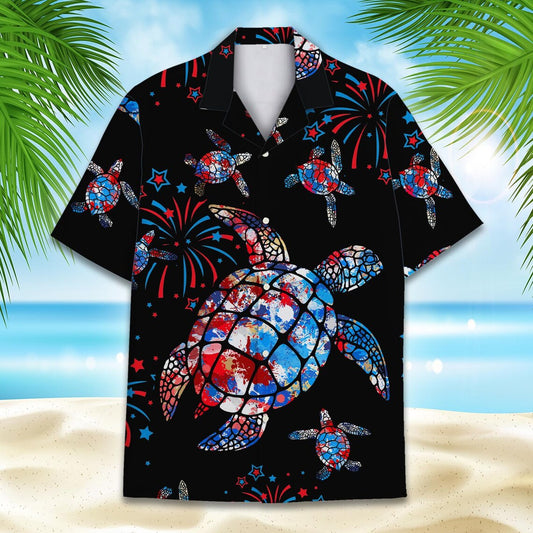 American Flag Sea Turtle Hawaiian Shirt Men Women Youth, Patriotic Aloha Shirt