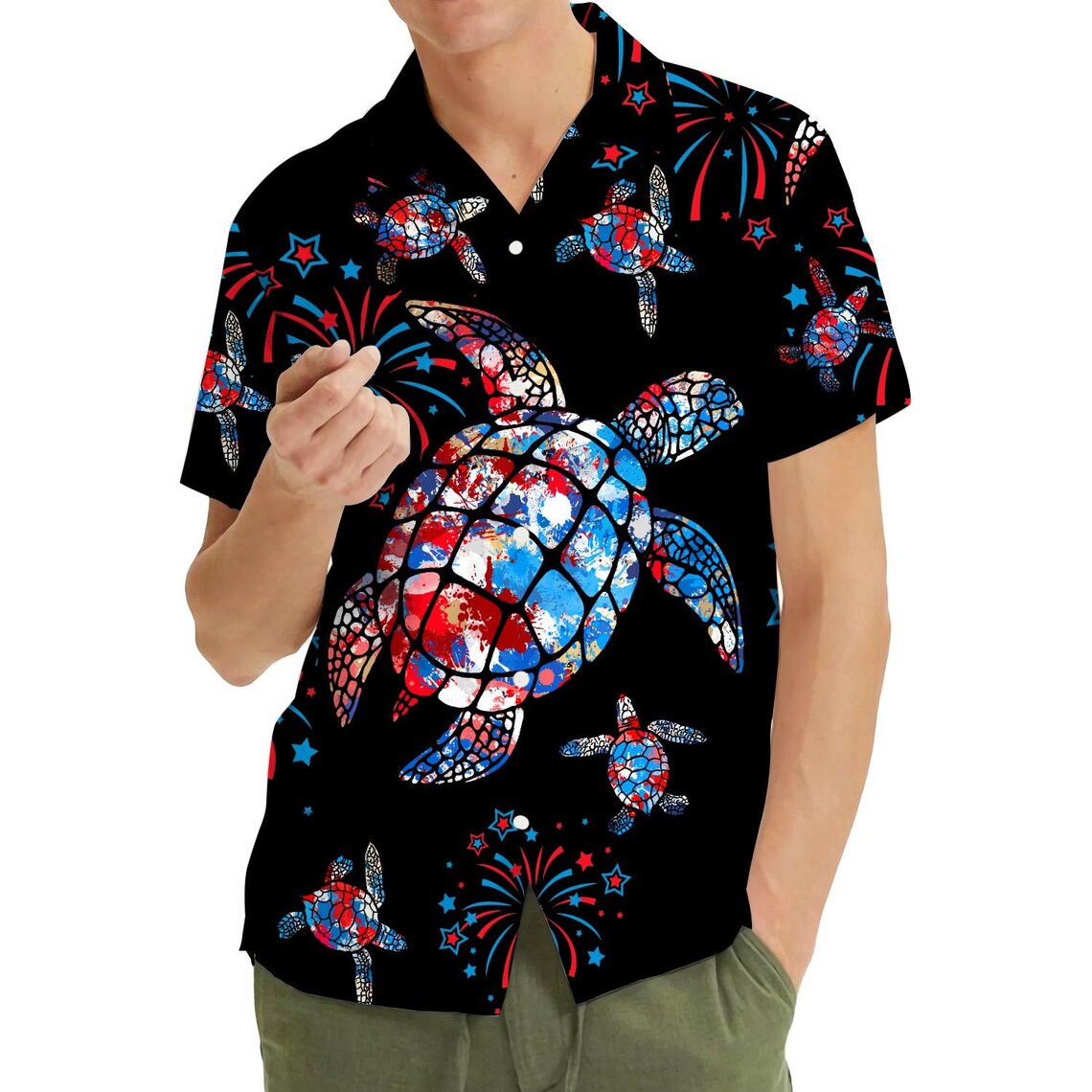 American Flag Sea Turtle Hawaiian Shirt Men Women Youth, Patriotic Aloha Shirt