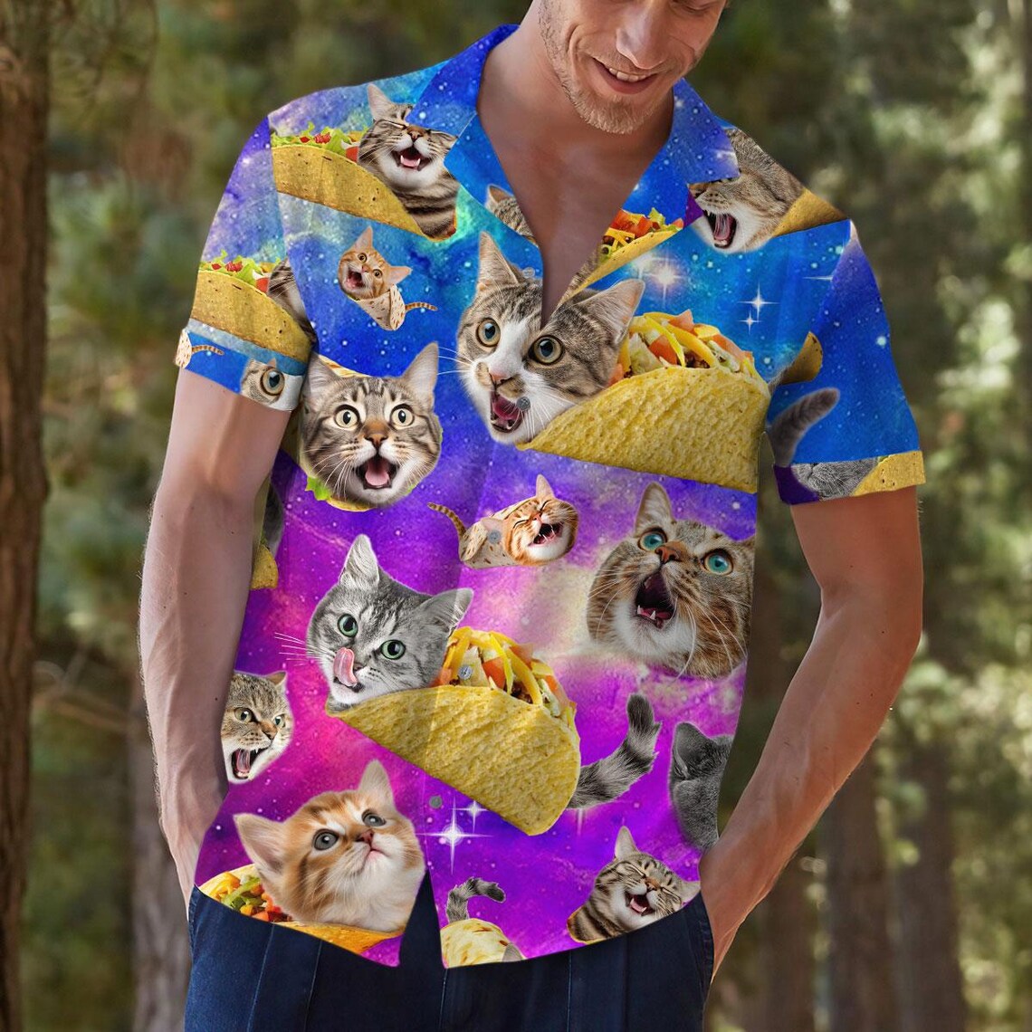 Custom Photo Galaxy Cat Taco Hawaiian Shirt, Funny Space Button Down