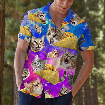 Custom Photo Galaxy Cat Taco Hawaiian Shirt, Funny Space Button Down