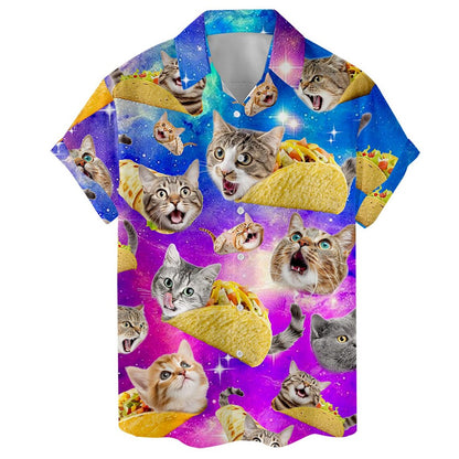 Custom Photo Galaxy Cat Taco Hawaiian Shirt, Funny Space Button Down