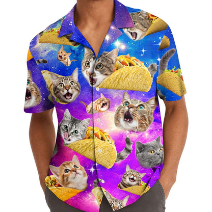 Custom Photo Galaxy Cat Taco Hawaiian Shirt, Funny Space Button Down
