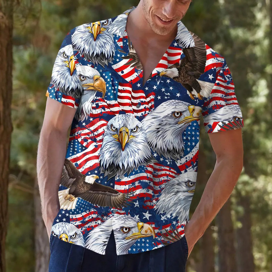 American Eagle Hawaiian Shirt, Patriotic 4th of July Button Down