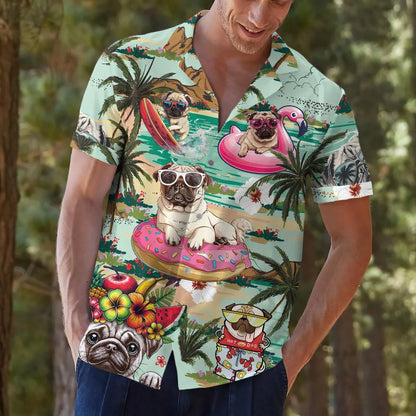 Funny Pug Hawaiian Shirt: Summer Beach Vacation Button-Down