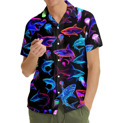 Neon Shark Hawaiian Shirt For Men Women Youth, Shark Aloha Shirt Short Sleeve Button Down