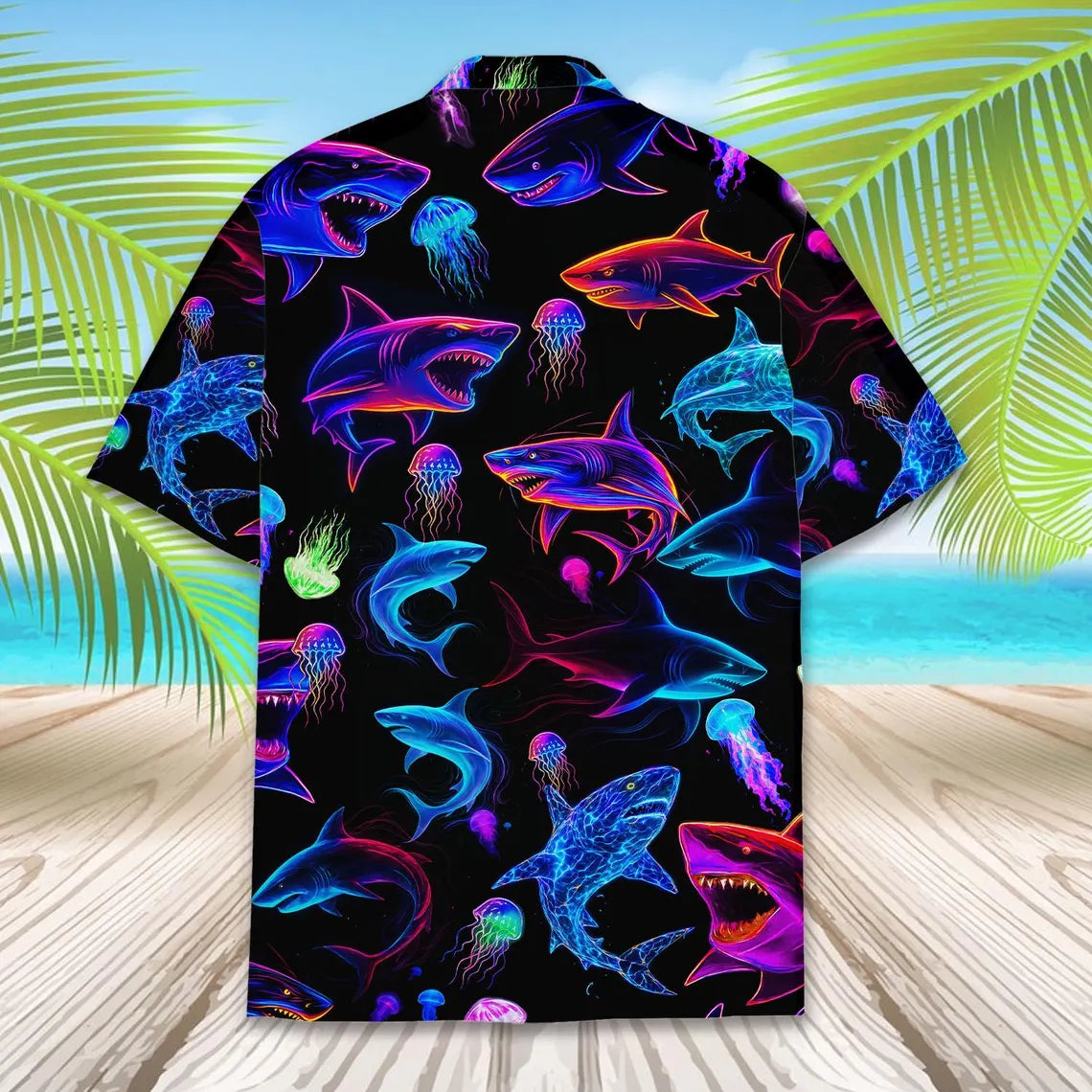 Neon Shark Hawaiian Shirt For Men Women Youth, Shark Aloha Shirt Short Sleeve Button Down