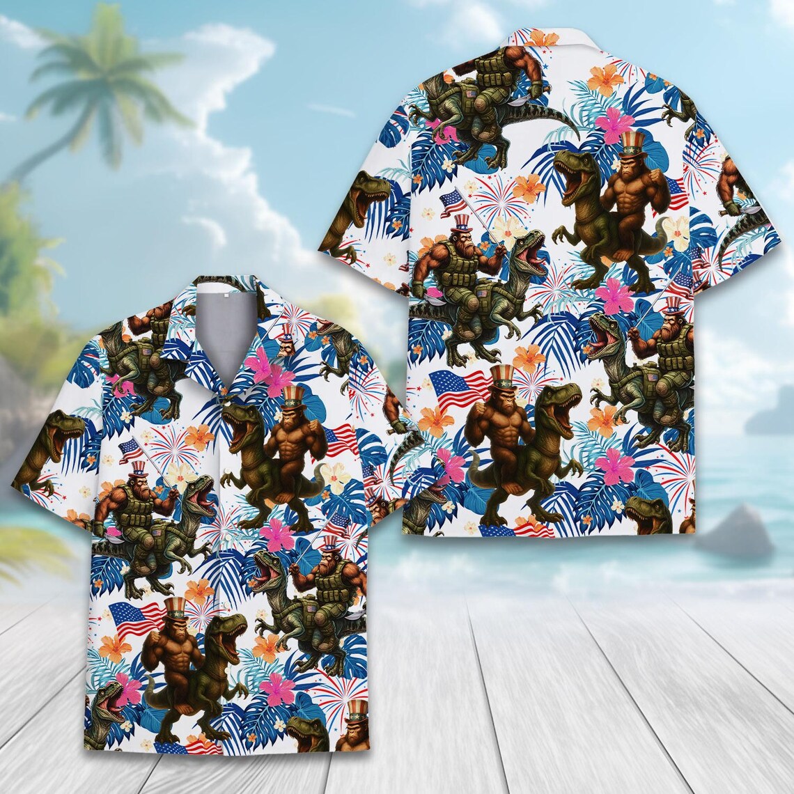 Patriotic Bigfoot Riding Dinosaur Hawaiian Shirt Men Women Youth, Funny 4th of July Shirt Button Up, Independence Day Outfits