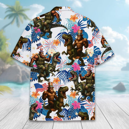 Patriotic Bigfoot Riding Dinosaur Hawaiian Shirt Men Women Youth, Funny 4th of July Shirt Button Up, Independence Day Outfits