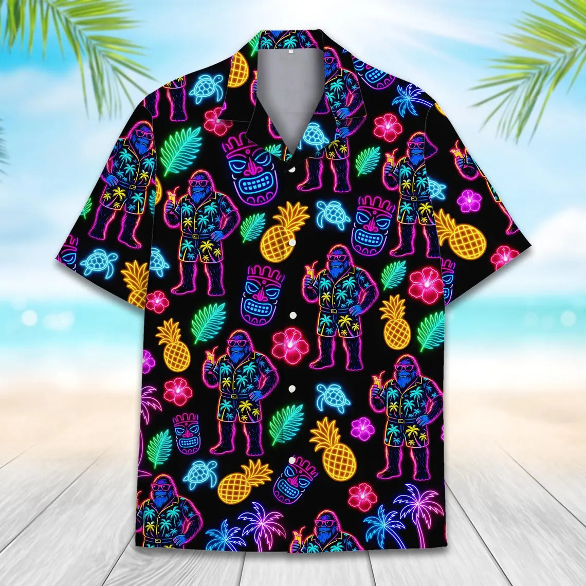 Neon Bigfoot & Tiki Hawaiian Shirt For Men Women, Funny Sasquatch Shirt Summer Beach Button Down
