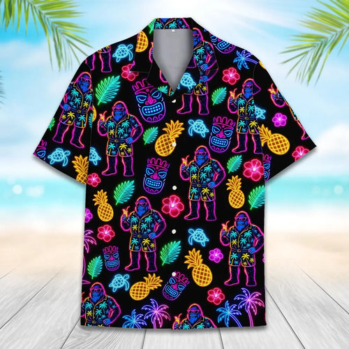 Neon Bigfoot & Tiki Hawaiian Shirt For Men Women, Funny Sasquatch Shirt Summer Beach Button Down