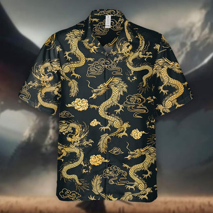 Dragon Hawaiian Shirt: Black & Gold Tropical Aloha Shirt