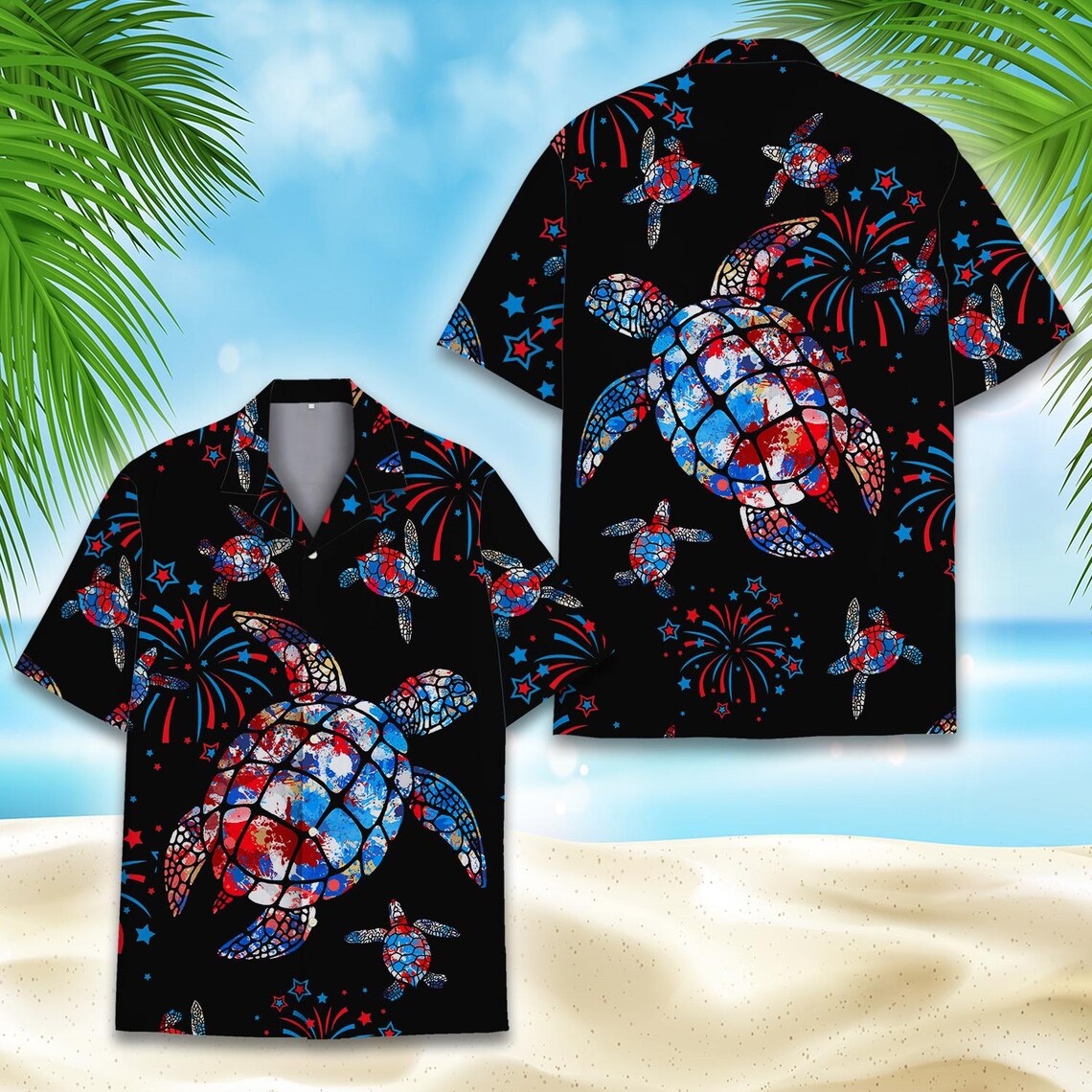 American Flag Sea Turtle Hawaiian Shirt Men Women Youth, Patriotic Aloha Shirt
