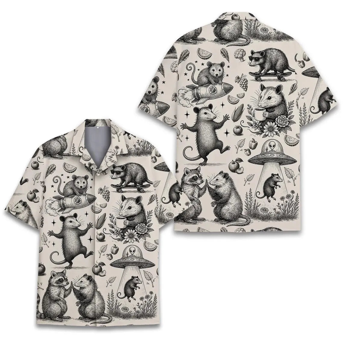 Funny Opossum Hawaiian Shirt Men Women Youth, Vintage UFO Coffee Possum Shirt, Weird Animal Aloha Button Down Short Sleeve