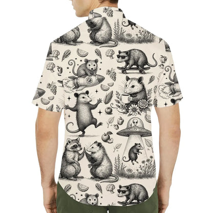 Funny Opossum Hawaiian Shirt Men Women Youth, Vintage UFO Coffee Possum Shirt, Weird Animal Aloha Button Down Short Sleeve