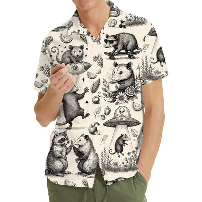 Funny Opossum Hawaiian Shirt Men Women Youth, Vintage UFO Coffee Possum Shirt, Weird Animal Aloha Button Down Short Sleeve
