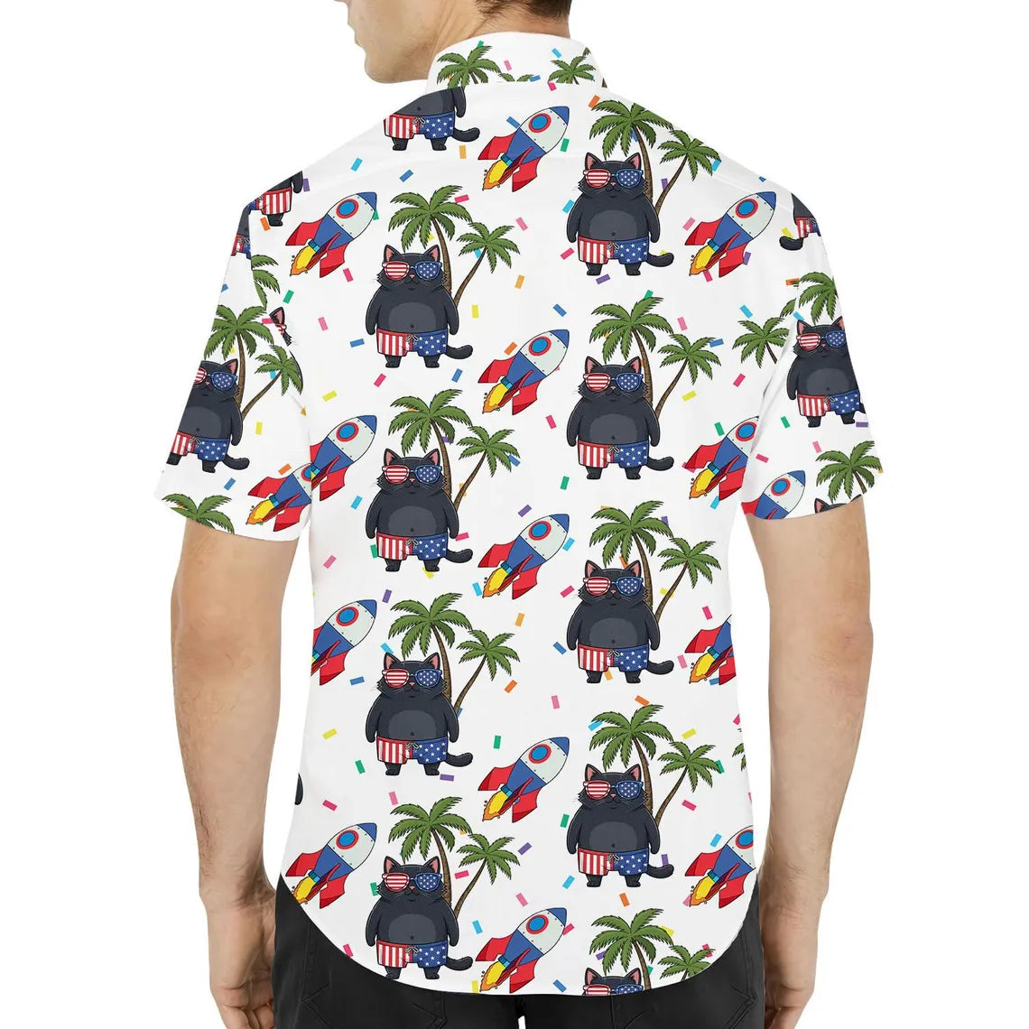 Patriotic Cat Hawaiian Shirt for Men Women Youth, Palm Tree Aloha Shirt, Funny 4th of July Shirt Button Up, Summer Beach Party Shirt