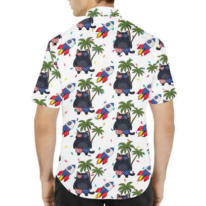 Patriotic Cat Hawaiian Shirt for Men Women Youth, Palm Tree Aloha Shirt, Funny 4th of July Shirt Button Up, Summer Beach Party Shirt