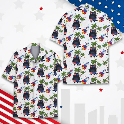 Patriotic Cat Hawaiian Shirt for Men Women Youth, Palm Tree Aloha Shirt, Funny 4th of July Shirt Button Up, Summer Beach Party Shirt