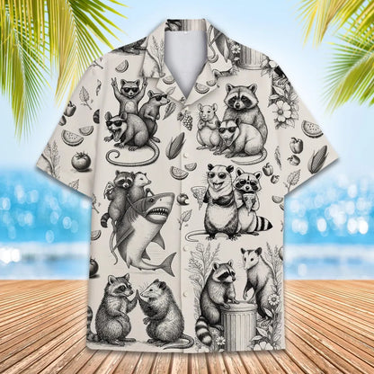 Funny Raccoon Possum Hawaiian Shirt for Men Women Youth, Vintage Animal Panda Shirt, Summer Beach Shirt Button Down Short Sleeve