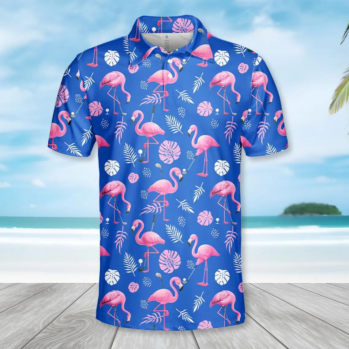 Flamingo Polo Shirt for Men Women, Pink Flamingo Shirt Short Sleeve Button Up, Blue Shirt
