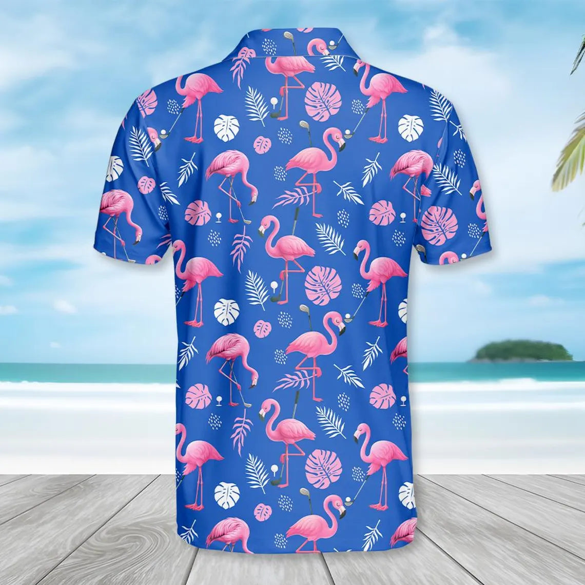 Flamingo Polo Shirt for Men Women, Pink Flamingo Shirt Short Sleeve Button Up, Blue Shirt