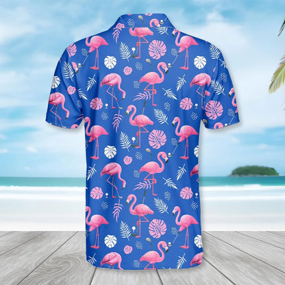 Flamingo Polo Shirt for Men Women, Pink Flamingo Shirt Short Sleeve Button Up, Blue Shirt